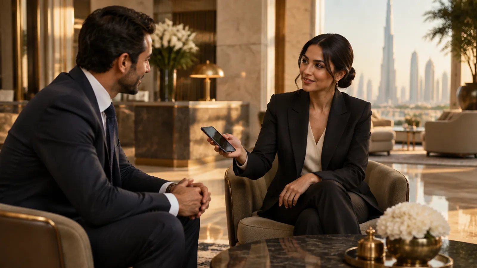 Two business people in a Dubai office lobby, one sharing contact details from her phone