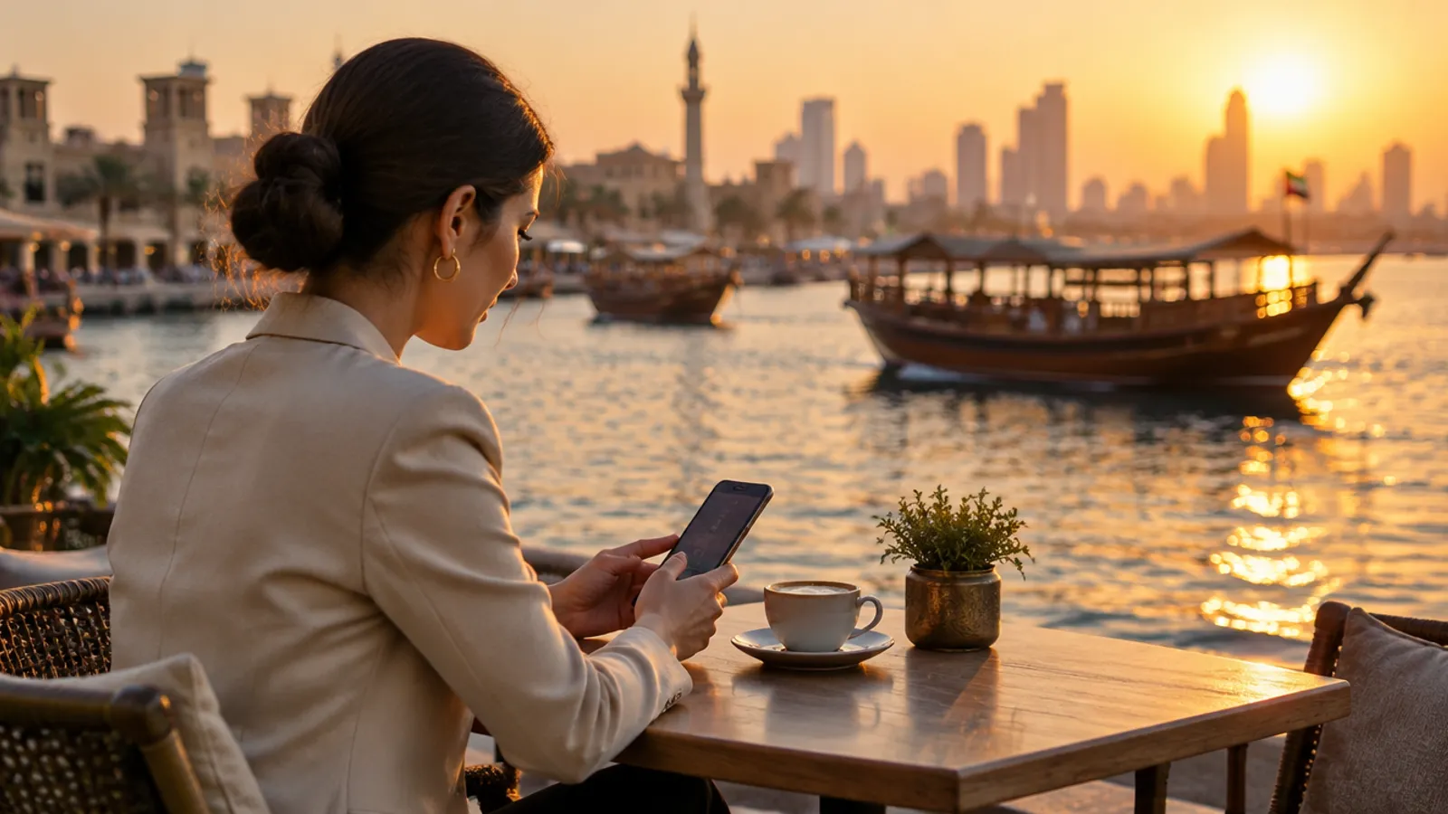 A consultant setting up her phone at a café beside Dubai Creek in the late afternoon