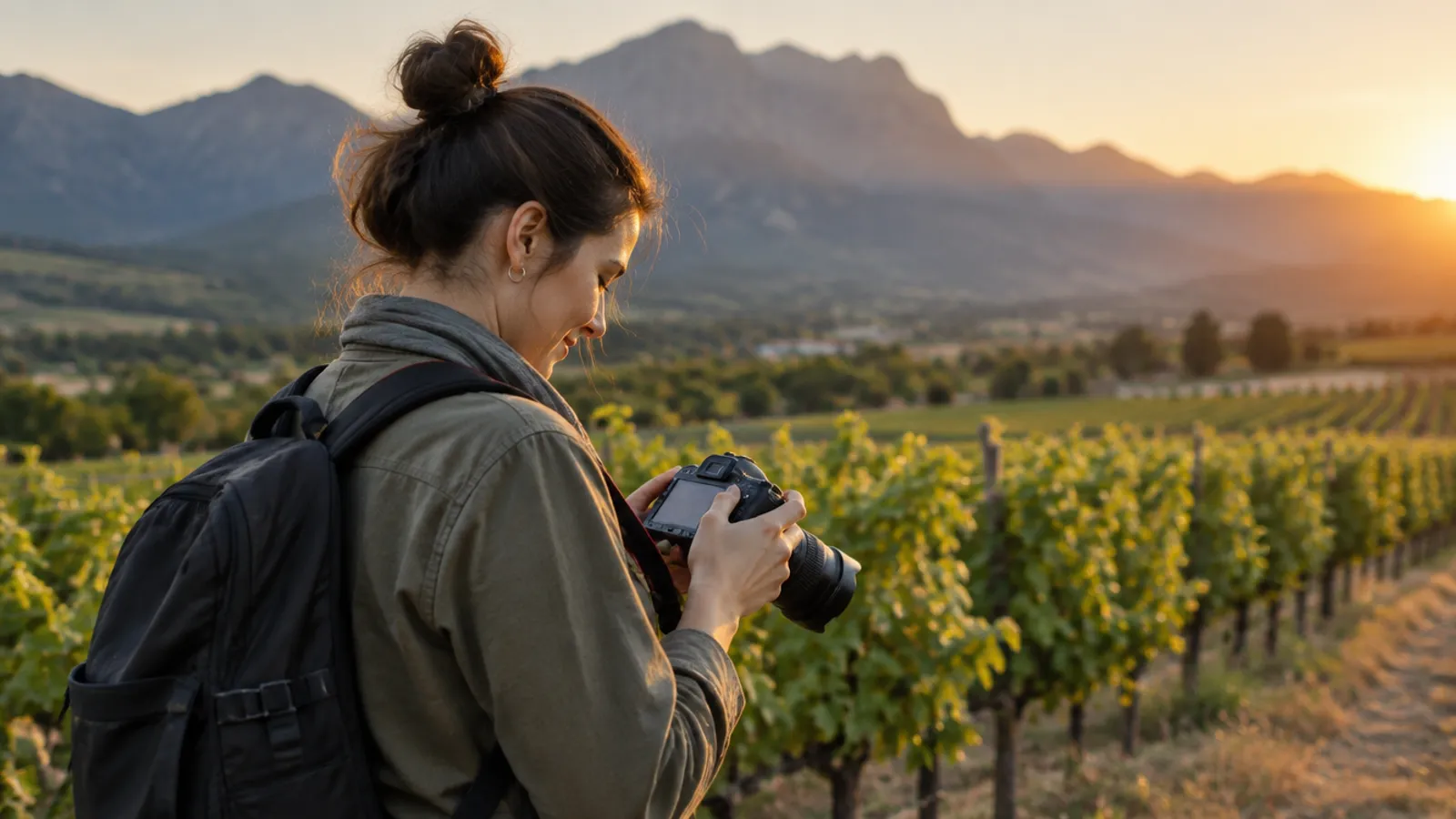 A photographer checking shots on her camera at golden hour in the Cape Winelands
