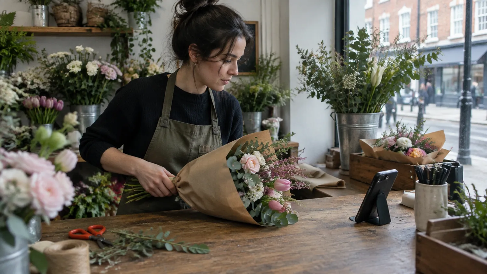 A florist in a London flower shop wrapping a bouquet, with her phone on the counter