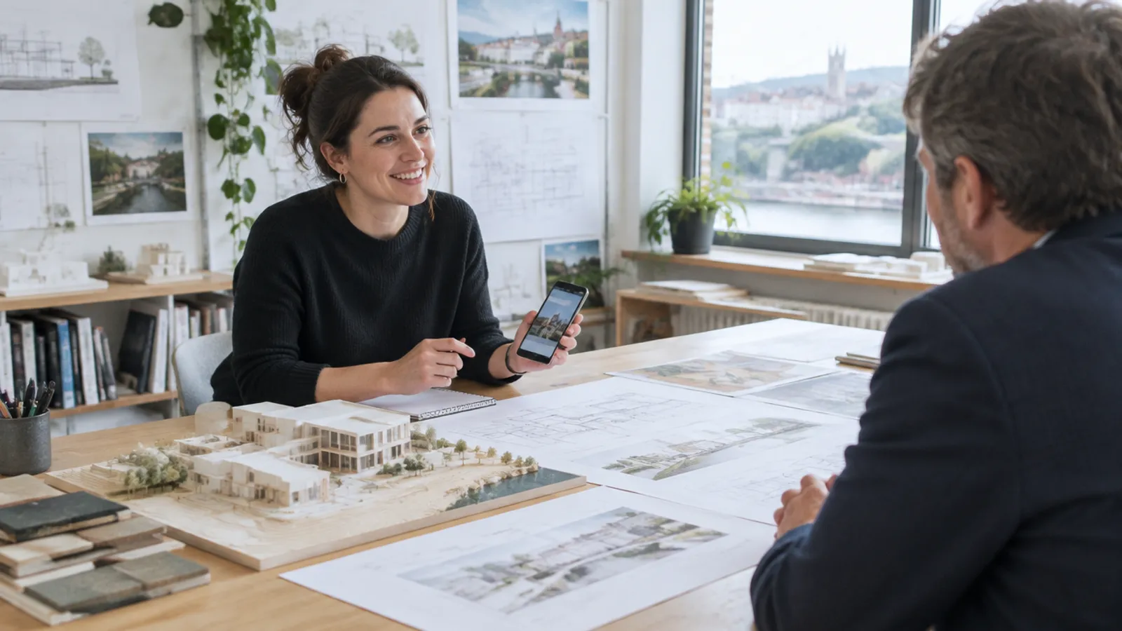 An architect in a bright studio showing a client something on her phone across a table of drawings