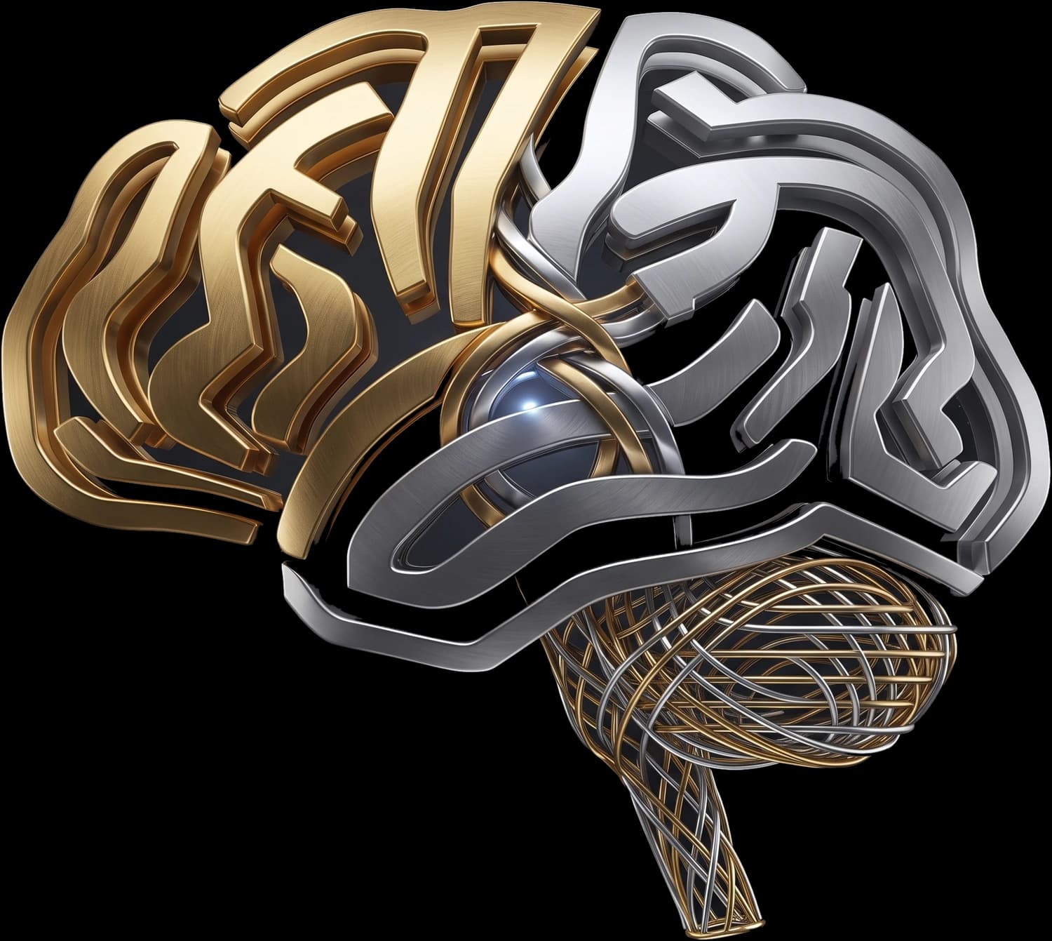 Le symbole Newbi, un cerveau divisé en or et argent, brillant au centre d'une scène sombre