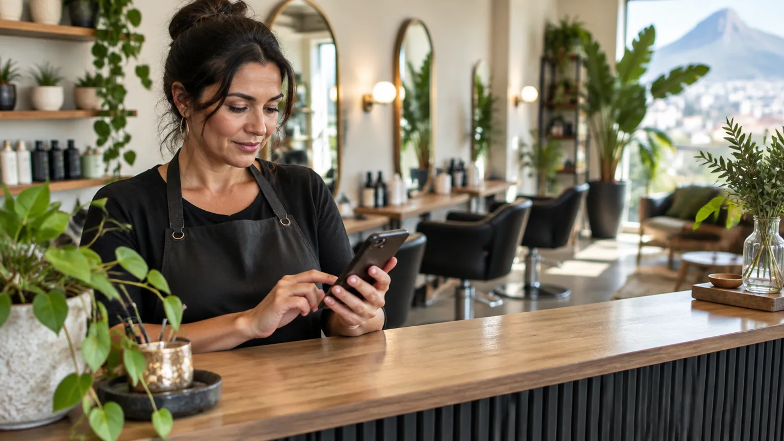 A salon owner at her reception desk in Cape Town, checking the day's appointments on her phone
