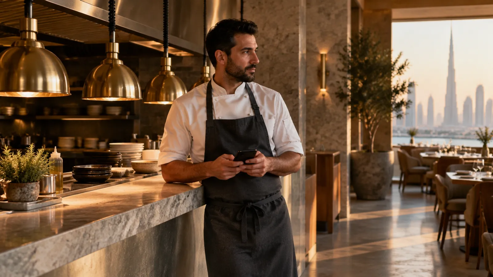 A chef-owner at the pass of a small Dubai restaurant before service, holding his phone