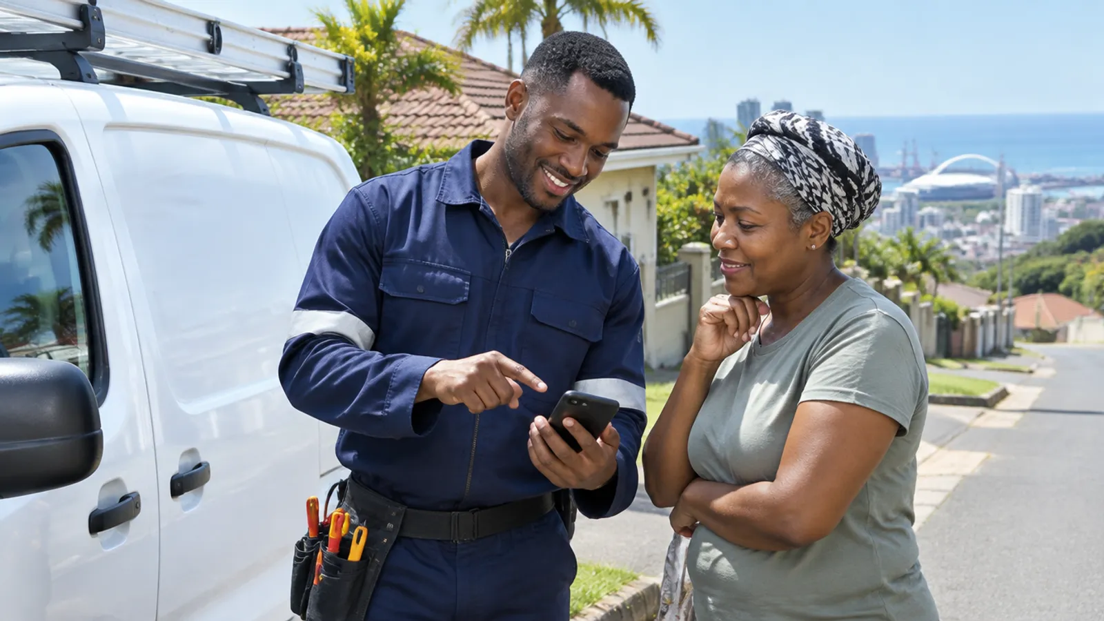 An electrician beside his van in a Durban suburb showing a homeowner something on his phone