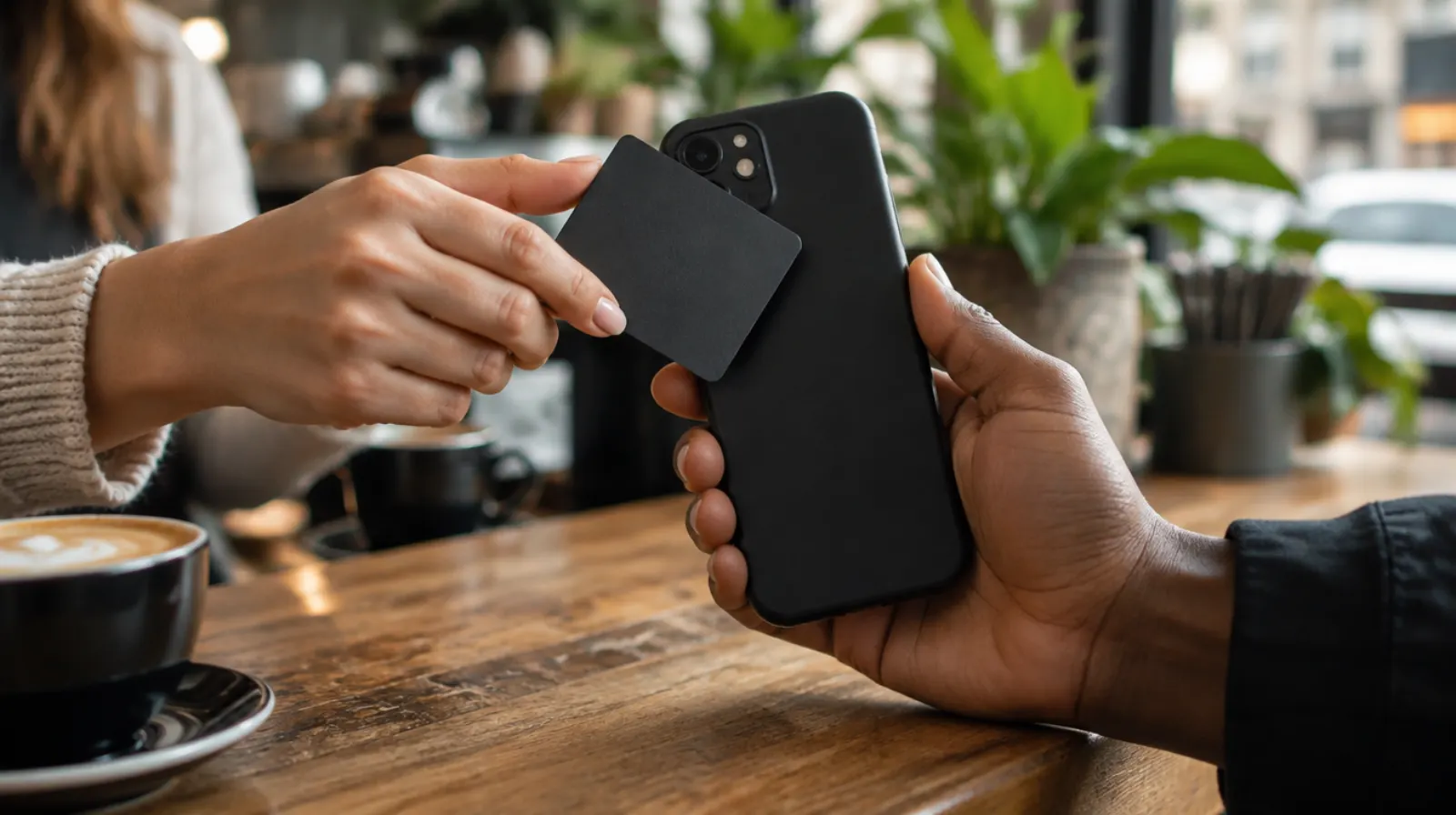 A blank black NFC card being tapped against the back of a phone on a coffee shop counter