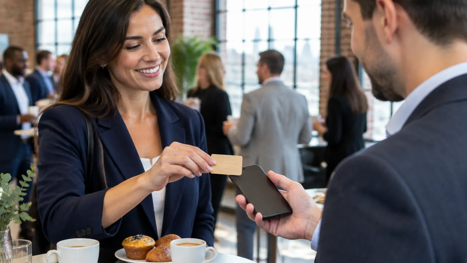 At a London networking breakfast, a woman taps a blank bamboo business card against the back of a man's phone