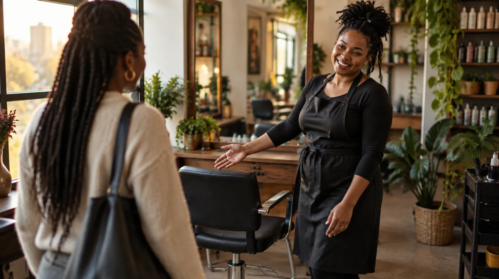 A hairstylist welcoming a client to her chair in a Johannesburg salon