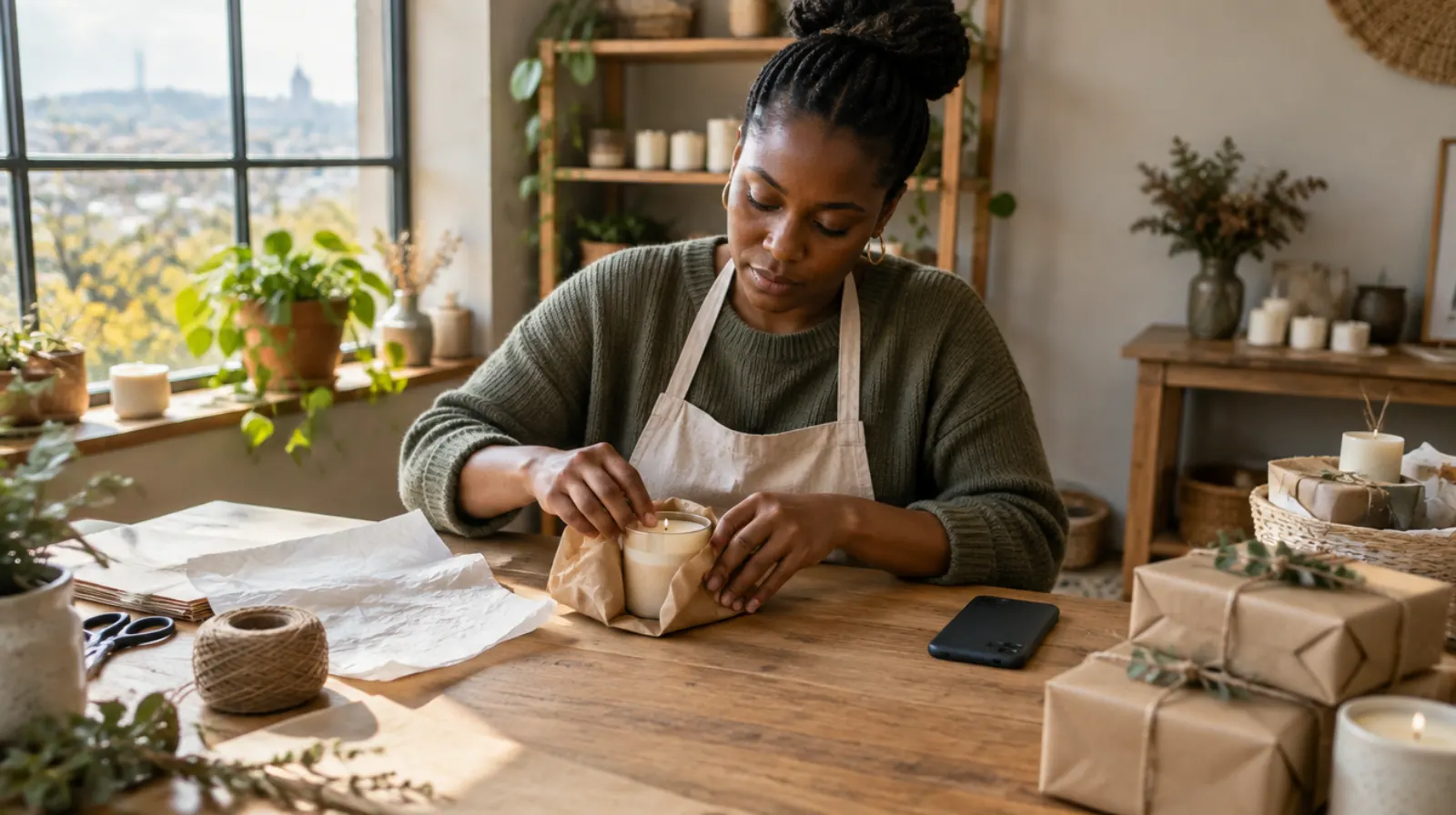 A small business owner wrapping a candle order in kraft paper in her home studio