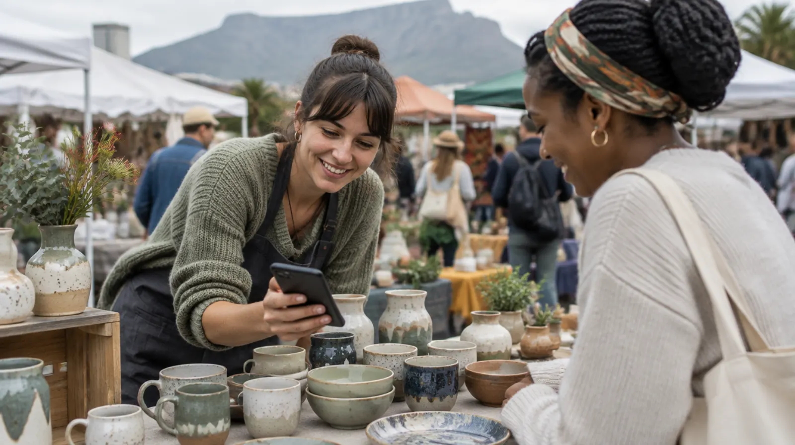 A ceramics stallholder at a Cape Town craft market showing a customer something on her phone