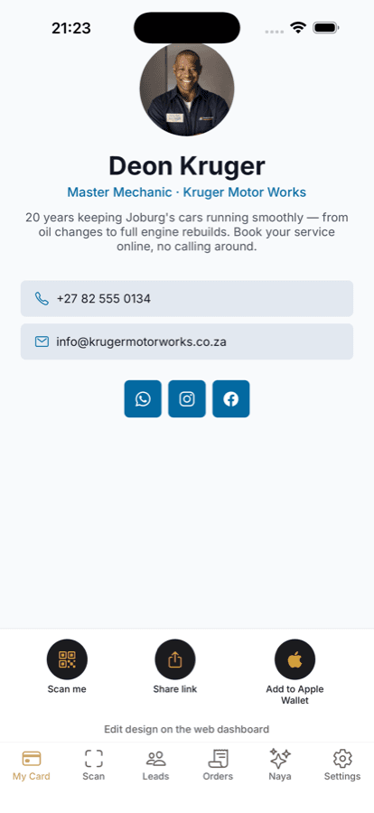 Deon Kruger's Newbi card, shown on a phone