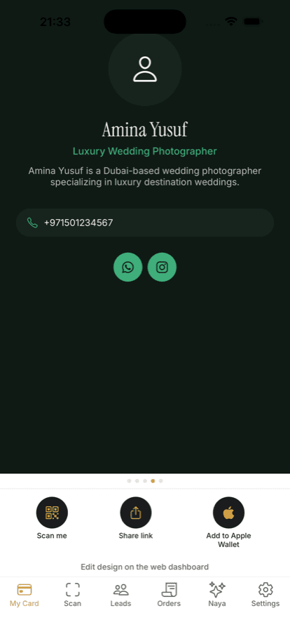 Amina Yusuf's Newbi card, shown on a phone