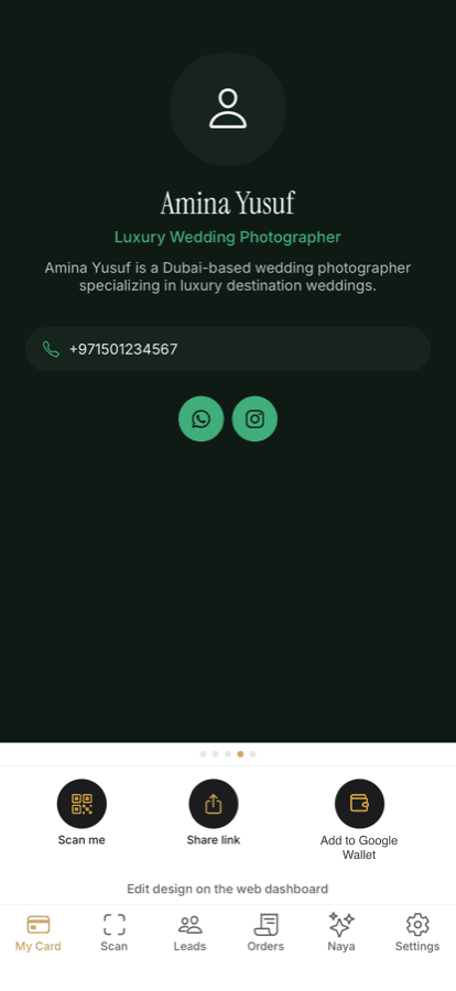 Amina Yusuf's card in the Newbi app on an Android phone